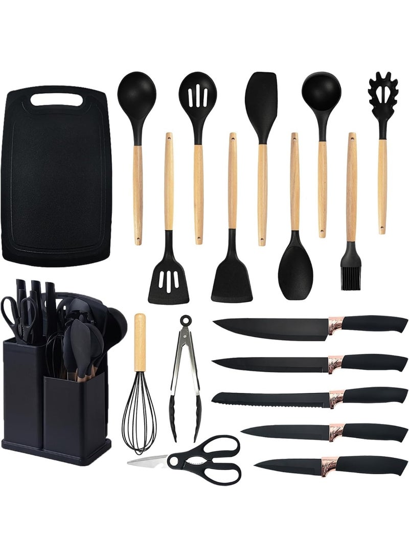 DubaiGallery All In One 19Pcs Kitchen Utensil Set With Silicone Heads, Natural Wooden Handles, Heat Resistant Cooking Tools, Knife Set, Storage Holder, Non Stick Safe Accessories for Everyday Food Preparation - Image 1